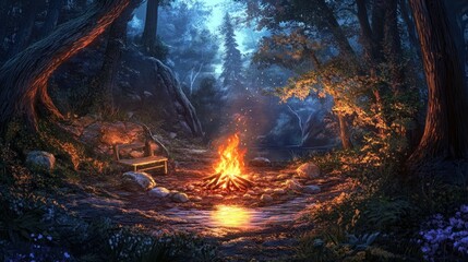 Obraz premium Nighttime campfire in a mystical forest. Tranquil woodland scene