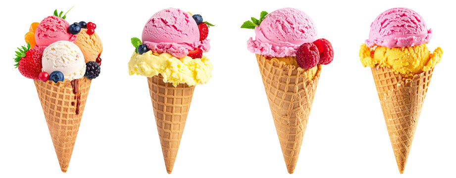 Ice Cream Cones with Berries - Transparent background