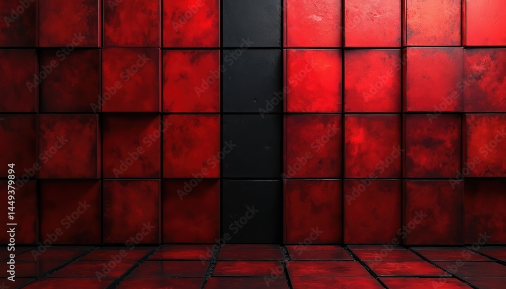 Poster abstract geometric design with red blocks and black vertical line. texture of the cubes create depth