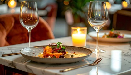Close-up of romantic dinner table in a fine dining setting, velvet chairs, marble table, artistic plating on dishes, ambient candlelight, creating a luxurious and intimate moodClose-up of romantic din