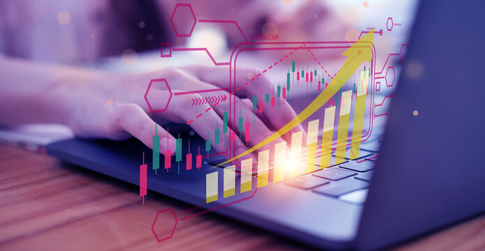 A close-up of a person interacting with data, where data visuals are overlayed, representing growth and progress.