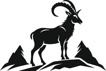 A wild goat silhouette, a vector illustration of a horned mammal isolated on white