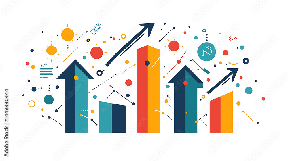 Poster a colorful image of a city skyline with a series of arrows pointing upwards