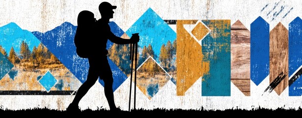 Fototapeta premium Climber Silhouette Against Colorful Abstract Landscape, Symbolizing Adventure, Potential, and the Journey to Reach New Peaks in Nature