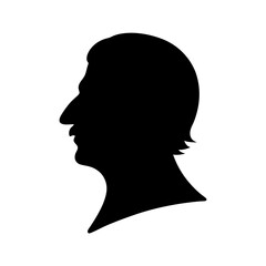 Silhouette of a man's head in profile with a distinctive nose and hair