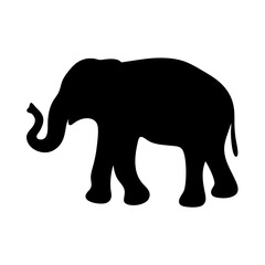 Simple black silhouette of an elephant with trunk visible on white background