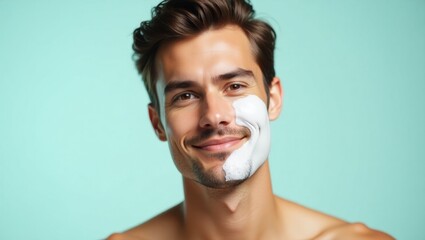 Mandelic Acid Face Wash. Gentle Cleansing Experience. Male man model isolated background. Man exudes joy and cleanliness after shaving, symbolizing refreshing start to new day together.