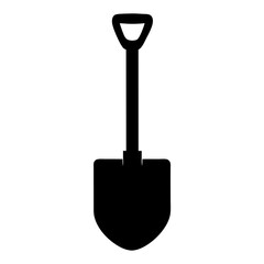 A simple black silhouette image of a shovel on a white background