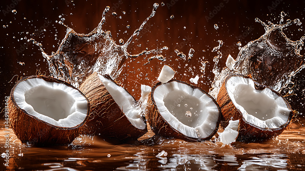 Poster a close up of four cut open coconuts with water splashing around them