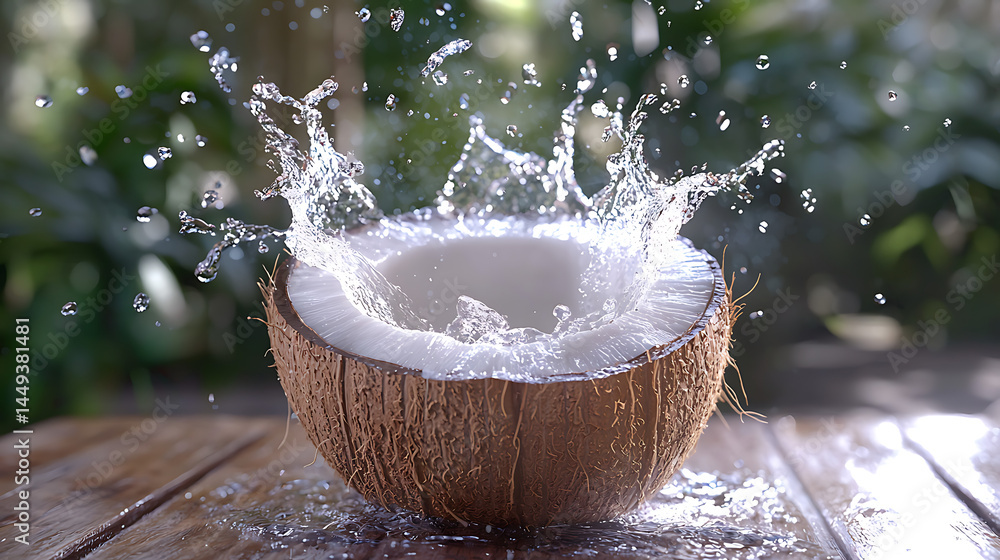 Poster a coconut is sitting on a table with water splashing out of it
