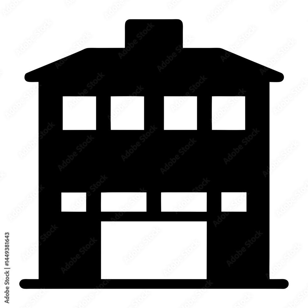 Poster simple two story building icon featuring multiple windows and rooftop structure