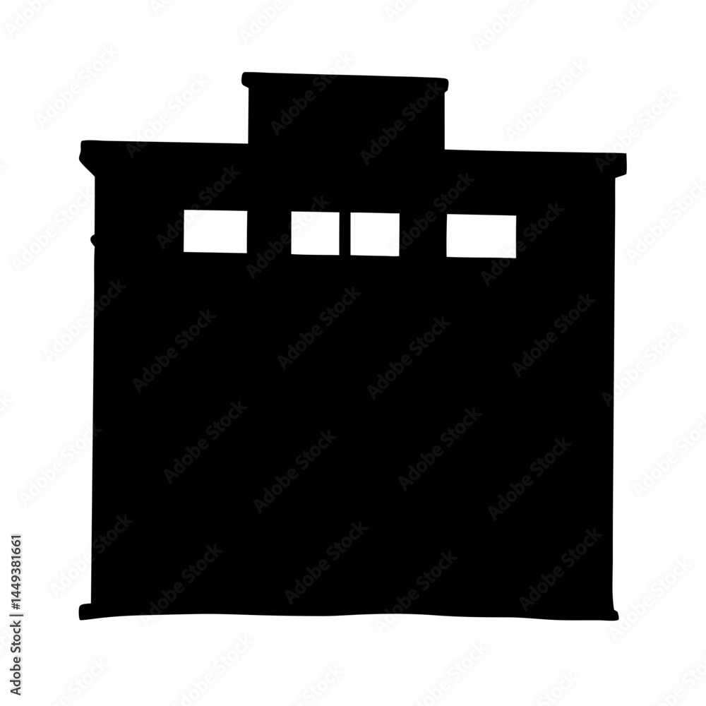 Poster silhouette of a modern architectural building with upper level windows.