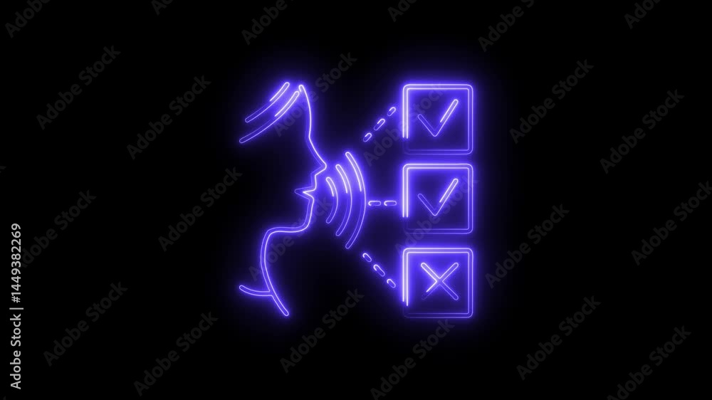 Poster voice recognition technology with tick and cross neon icons animation