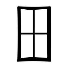 Symmetrical window frame in black, divided into four glass panes on white