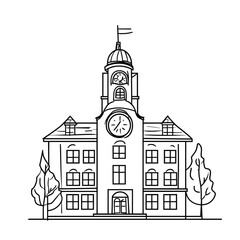 City Hall Line Art Drawing with Trees in Black and White  