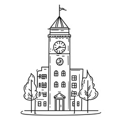 Outline Drawing of a City Hall with Clock and Trees  