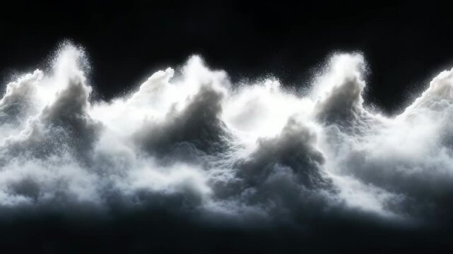 Powerful ocean waves crash and churn against a dark, stormy background, with white spray and mist filling the air.
