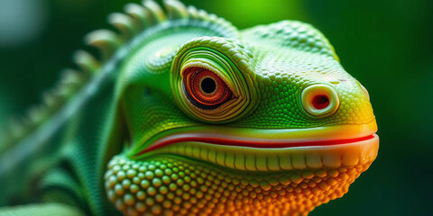 Fototapeta premium a green iguana, showcasing its detailed features. The iguana's skin is a vibrant green with patches of darker green and brown, providing a textured appearance