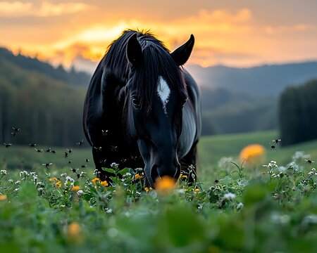 Black horse grazing in a field at sunset