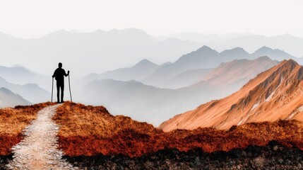 Fototapeta premium Majestic Mountain Peak View with Climber Silhouette Against Stunning Mountain Landscape and Vibrant Colors during Sunrise or Sunset