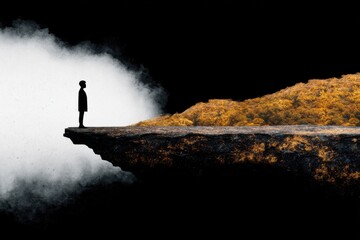 Silhouette of a Climber at the Edge of a Cliff Overlooking a Dramatic Landscape of Nature in a Stunning Double Exposure Effect