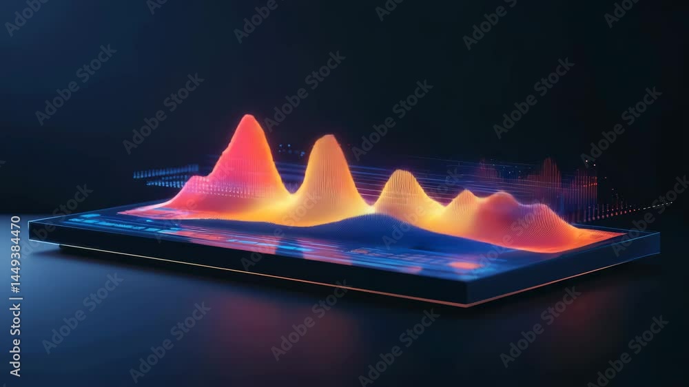 Poster a glowing 3d data graph visualization emerges from a digital tablet in a dark, futuristic setting.