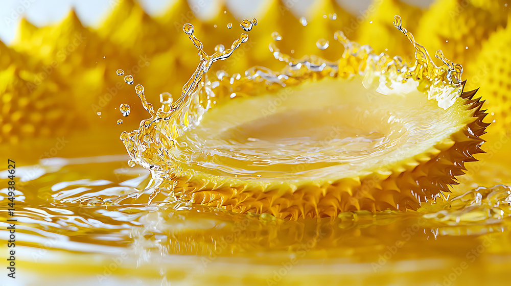 Poster a yellow fruit with a lot of spikes on it is floating in a pool of water