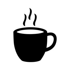 Stylized black and white icon of a steaming cup of hot beverage
