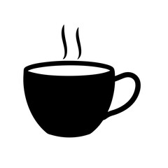 Black silhouette of a steaming coffee cup isolated on a white background