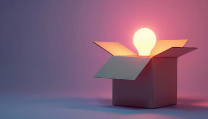 Illustration depicts glowing light bulb inside cardboard box. Represents idea innovation creativity and bright ideas. Minimal design and modern concept. Light effect. Innovation tech concept.
