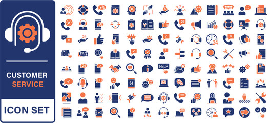 Customer service icon set. Containing customer satisfied, assistance, experience, feedback, operator and technical support icons.
