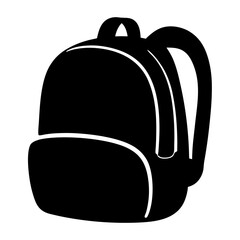 Stylized black and white graphic illustration of a backpack, with simple design