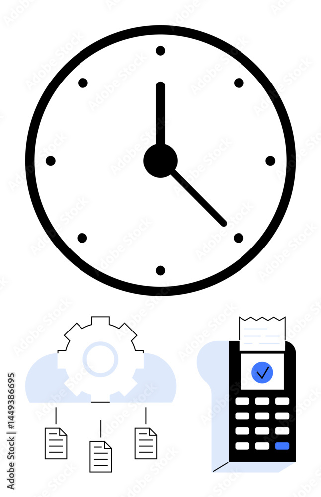 Poster clock representing time, gear for cloud data processing with documents, and a receipt machine for se