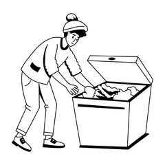 A glyph illustration of character doing dumpster diving
