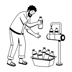 A glyph illustration of poor character filling bottles with tap water 

