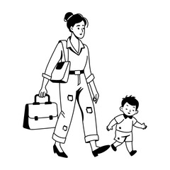 Poor mother going to work with her kid illustration in glyph style 
