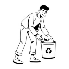 A character picking trash illustration in glyph style 
