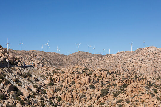 Wind Turbines in Scenic Rocky Desert Landscape in Baja Mexico