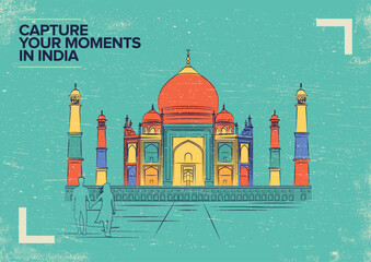 Taj Mahal Vector Illustration. World famous landmark series in Retro Style. India travel poster.
