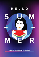Summer holiday poster. Girl holding watermelon colorful trendy summer poster.
