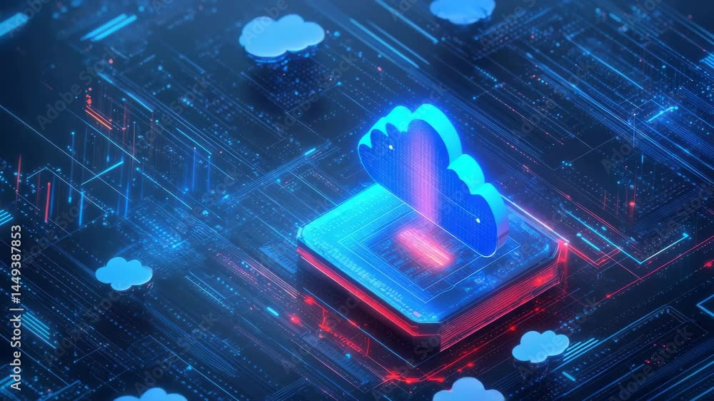 Poster a glowing cloud icon hovers above a futuristic microchip, symbolizing digital cloud computing and da