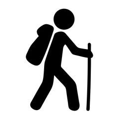 Silhouette of a Hiker with Backpack and Walking Stick on White Background