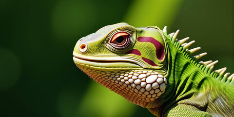 Fototapeta premium a green iguana, showcasing its detailed features. The iguana's skin is a vibrant green with patches of darker green and brown, providing a textured appearance