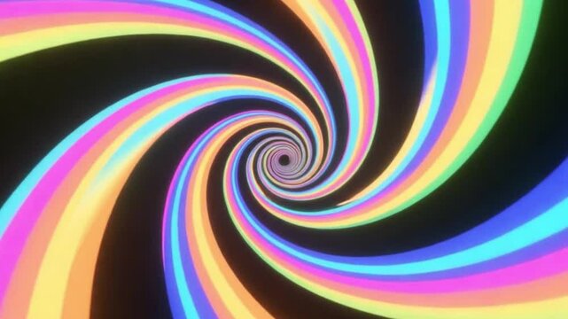 Spiral Psychedelic Rainbow Swirl, Neon Optical Illusion Art, Retro Vortex Pattern &ndash; 4K HD Video Footage Download, Kaleidoscopic Motion, Vibrant Abstract Design