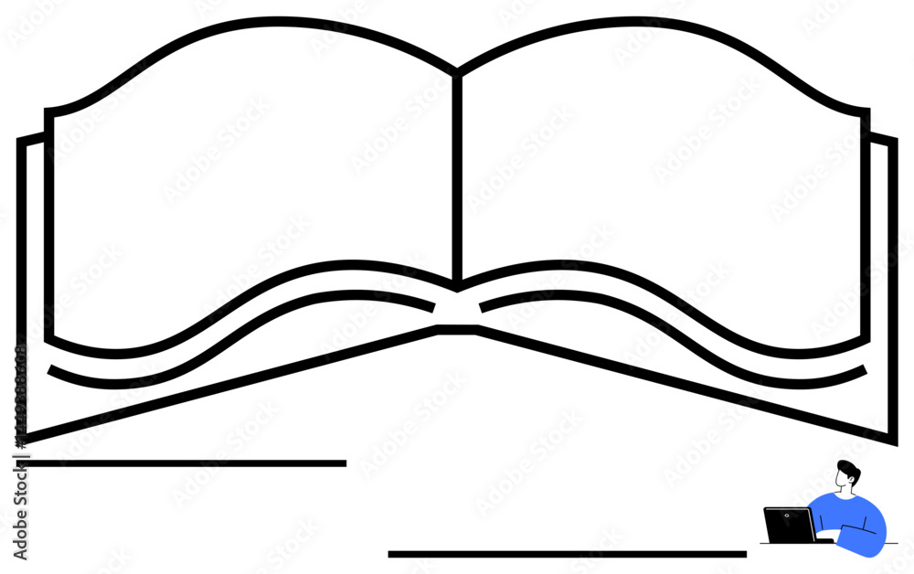Poster open book with abstract wave design and person in bottom right using laptop. ideal for education, le