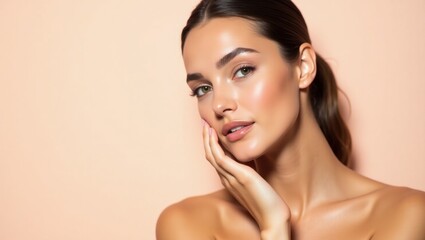 Mandelic Acid Serum. Serum for glowing skin. Female woman model isolated background. Womans gentle care for her face holds promise of radiant glow and inner beauty rejuvenation.