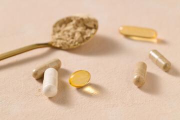 Close-up shot displays an assortment of nutritional supplements