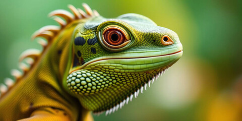 Fototapeta premium a green iguana, showcasing its detailed features. The iguana's skin is a vibrant green with patches of darker green and brown, providing a textured appearance