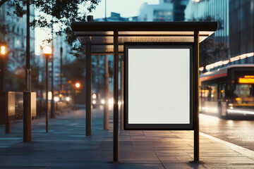 Modern bus stop dusk, featuring blank advertising panel, surrounded by city lights and traffic