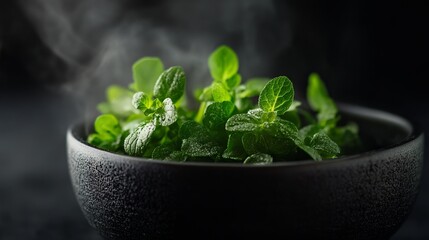 Fresh green mint leaves in a dark bowl steaming aromatic herbal plant dew food spice drink nature recipe summer texture organic